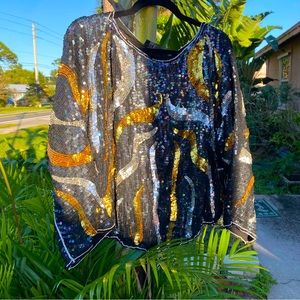 Sequin Top L 100% Silk Black Silver & Gold